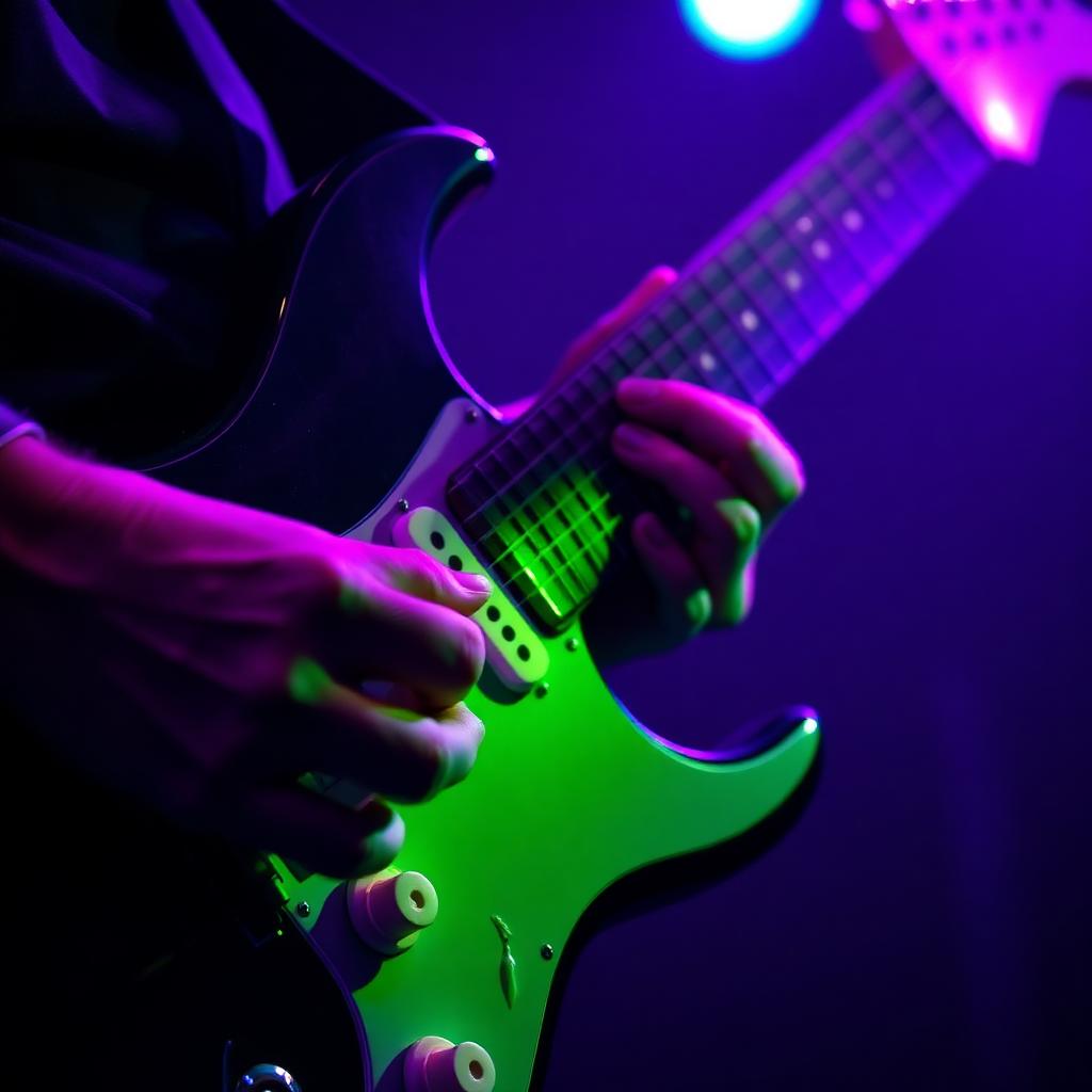 Gros plan sur les mains d'un guitariste en lumière néon