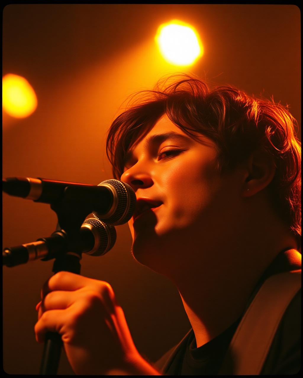 Chanteur au micro sous les projecteurs ambrés