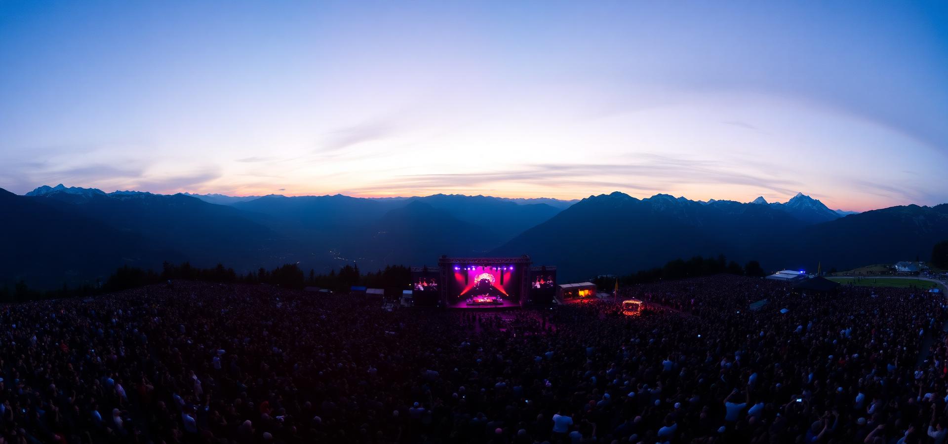 Festival open air au coucher du soleil dans les Alpes suisses